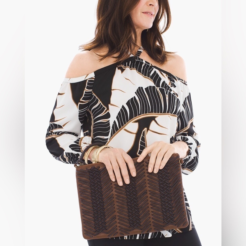 NWT Chico's Crisscross Crossbody Leather Bag Brown and Black - Picture 2 of 8